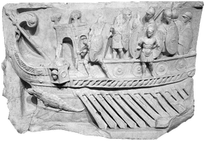 Bas-relief de Prneste, reprsentant la bataille dActium (-31) en Mditerrane ou le dbarquement de Claude en Bretagne (43) (muse du Vatican  D.R.)