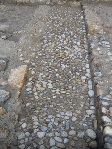 Ruelle en galets  tte de chat , vestige du Bourg Chanin, borde  droite par un mur  SA Ville de Lyon