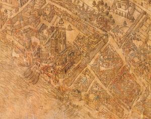 Extrait du plan scnograpraphique de Lyon (c. 1551) o figurent le quartier canonial et la porte Froc, ainsi que les maisons canoniales adosses au rempart.